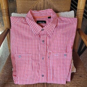 Orvis red/white checkered, button down long sleeve shirt, size L